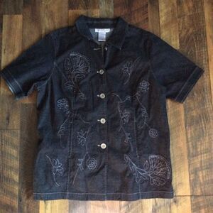 Susan Graver Short Sleeve Top Button Shirt Large